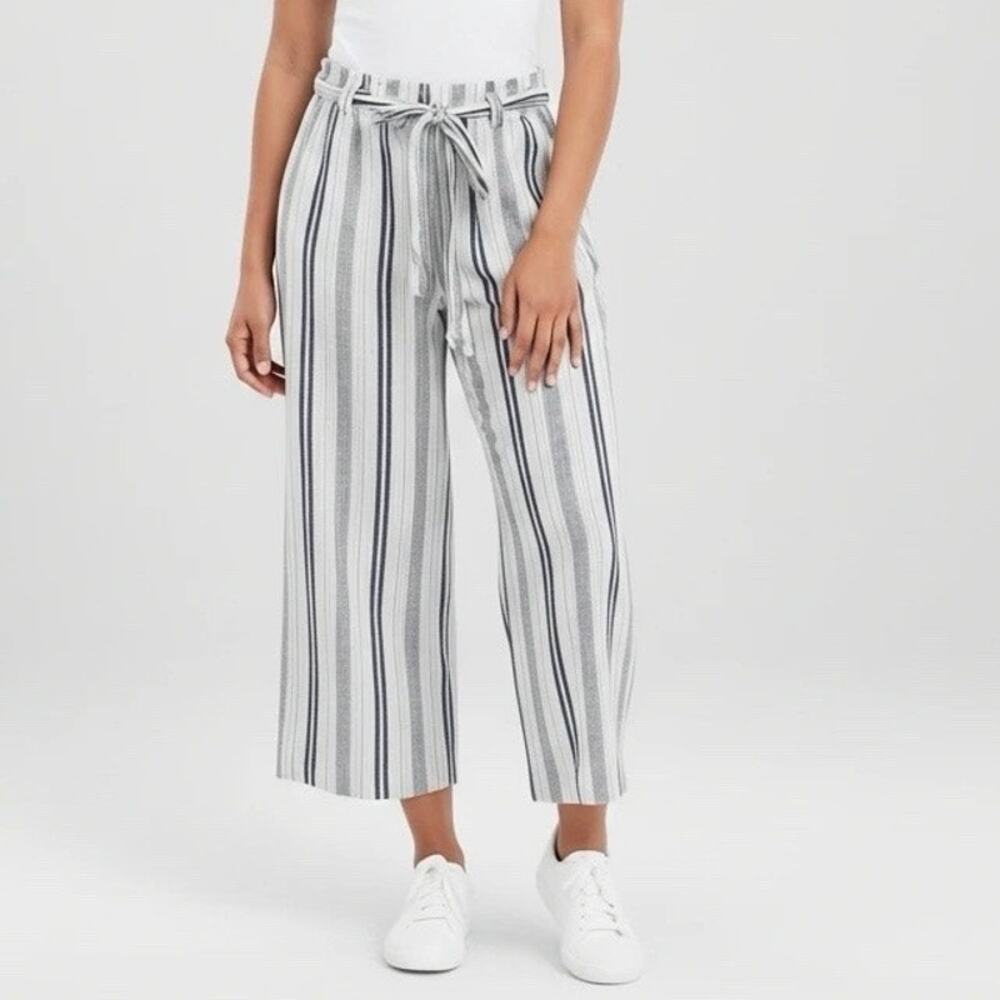 anna New Approach Women XS Striped Paperbag Pants Linen Blend Drawstring Waist